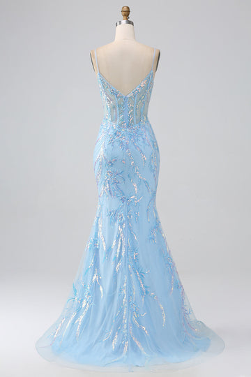 Vestido largo de fiesta de tirantes de espagueti de sirena azul claro brillante con abalorios